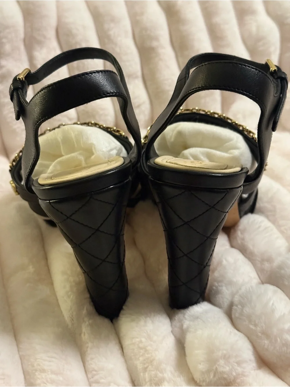 CHANEL Black Leather High-Heel Sandals with Gold Chain Straps